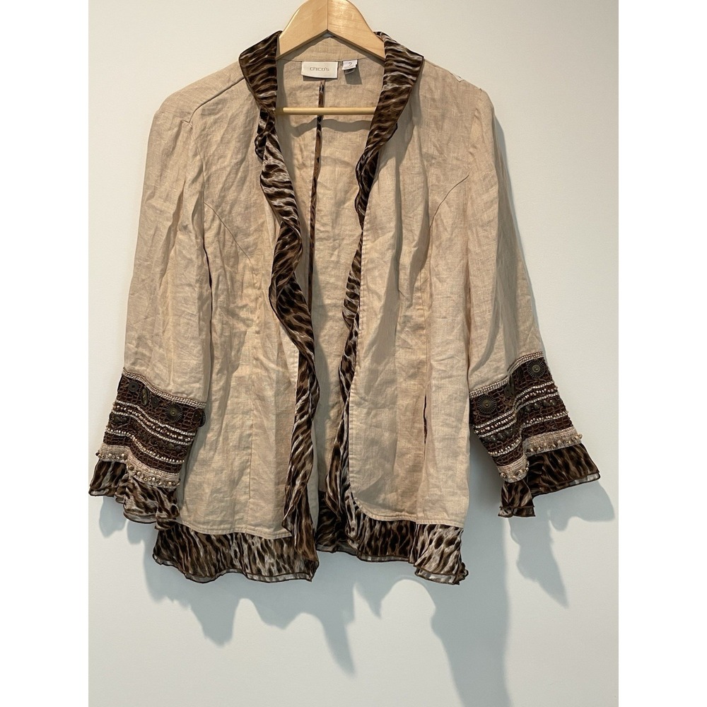 Chico's Cream and Brown Fringe Trim and Beaded Embellishment Linen Blazer Size 2